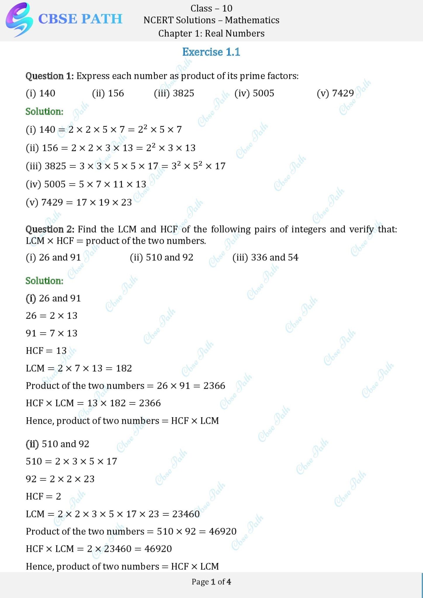 NCERT Solutions for Class 10 Maths Exercise 1.1 Real Numbers (2024-25 ...