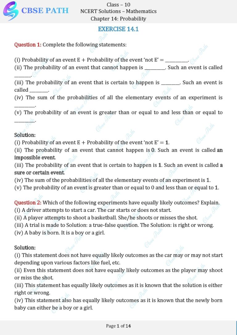 NCERT Solutions For Class 10 Maths Chapter 14 Probability (2024-25 ...