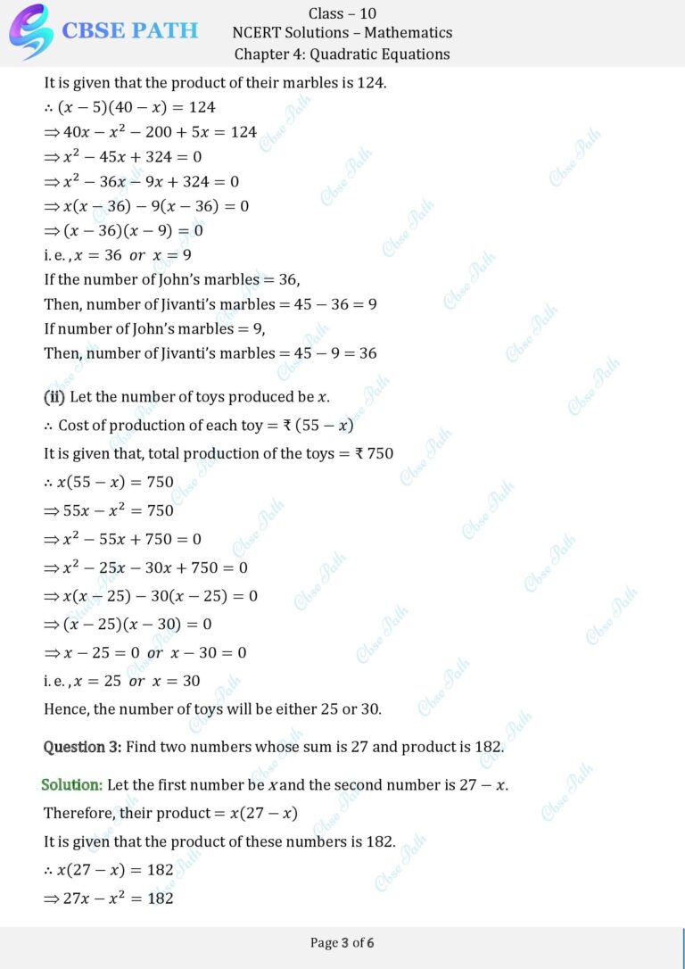 Ncert solutions for class 10 maths exercise 4 2 quadratic equations