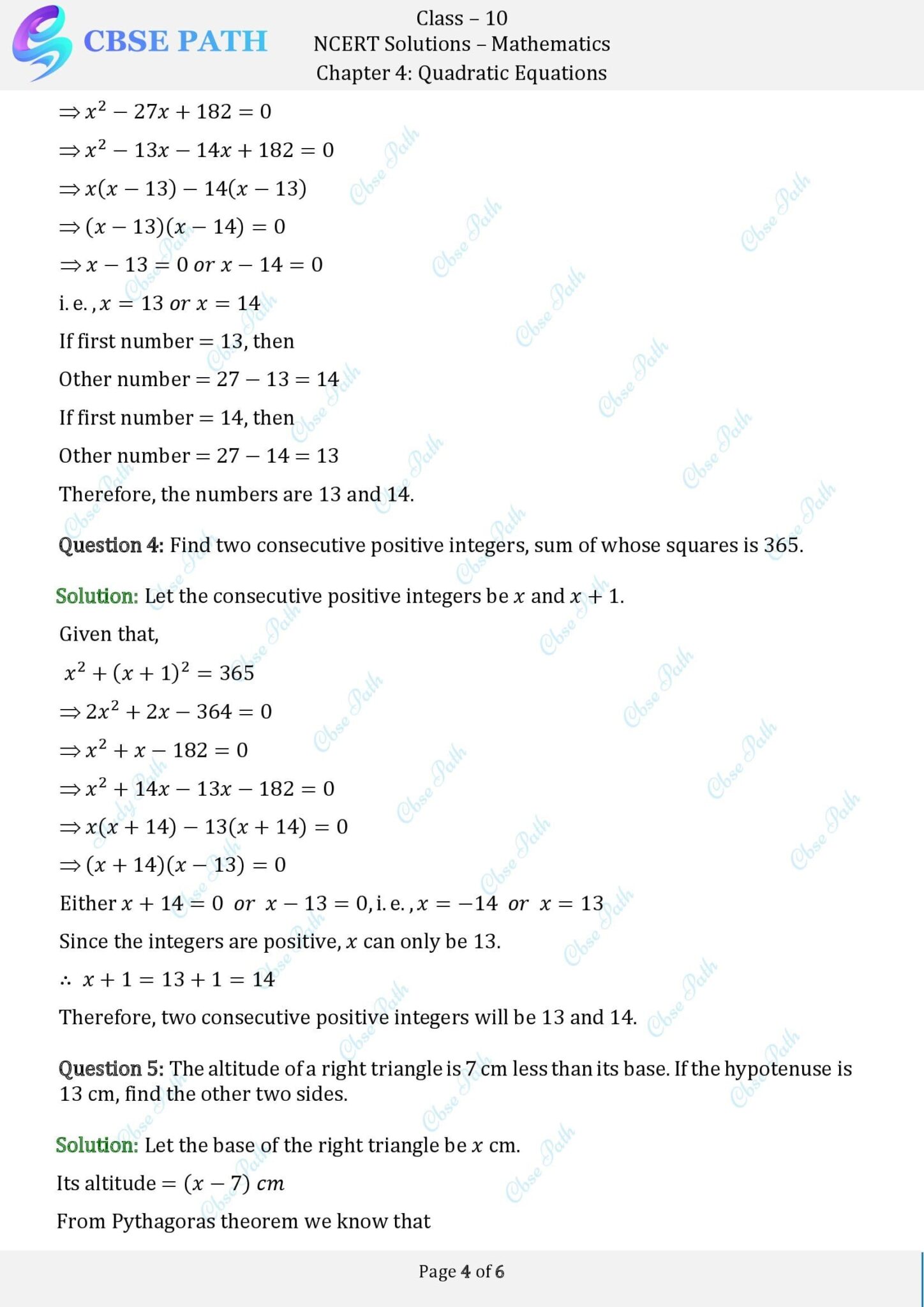 Ncert solutions for class 10 maths exercise 4 2 quadratic equations