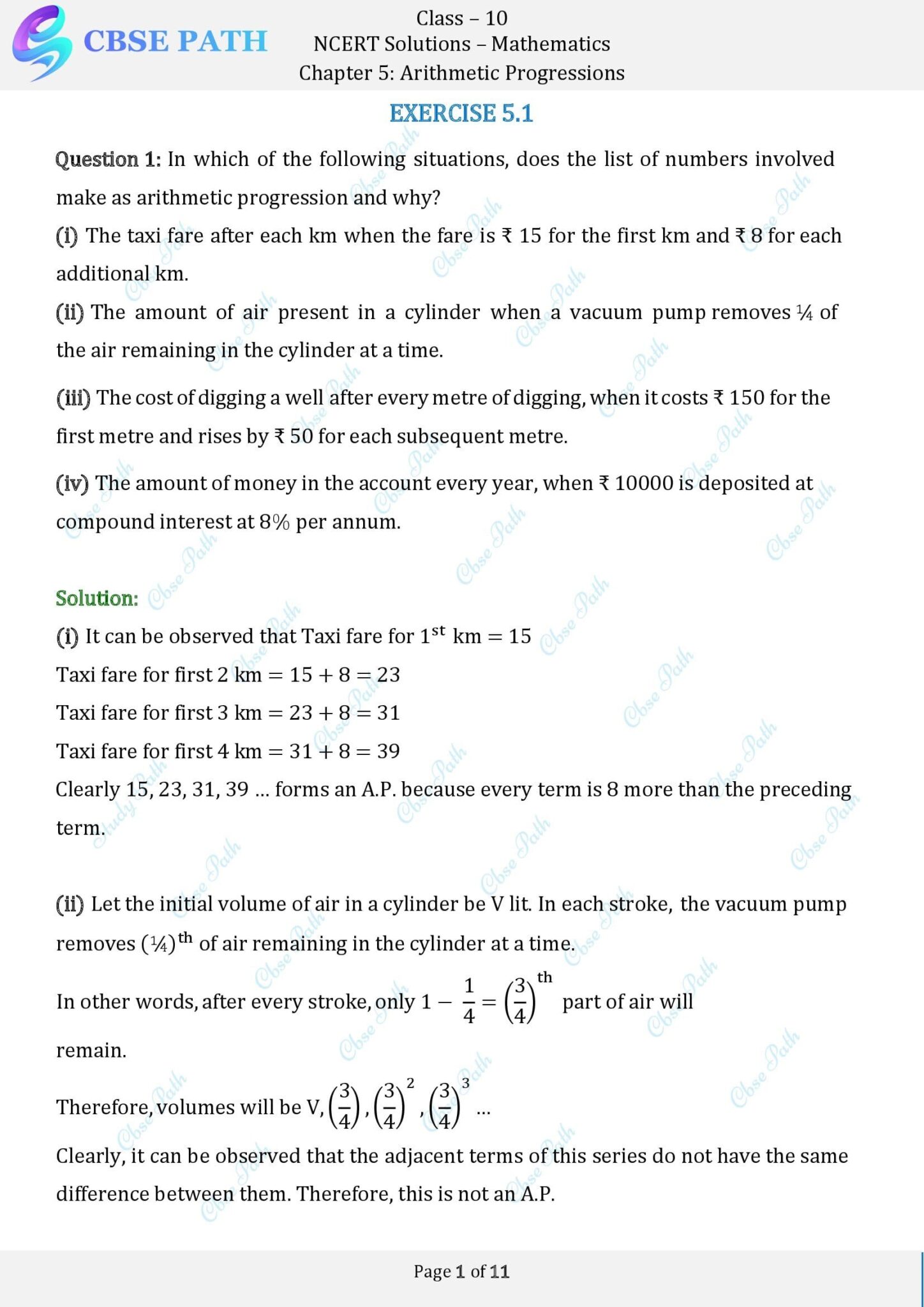 NCERT Solutions for Class 10 Maths Exercise 5.1 Arithmetic Progressions ...