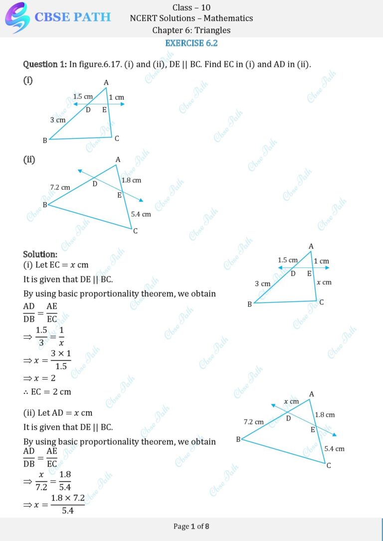 NCERT Solutions for Class 10 Maths Exercise 6.2 Triangles (2024-25 ...