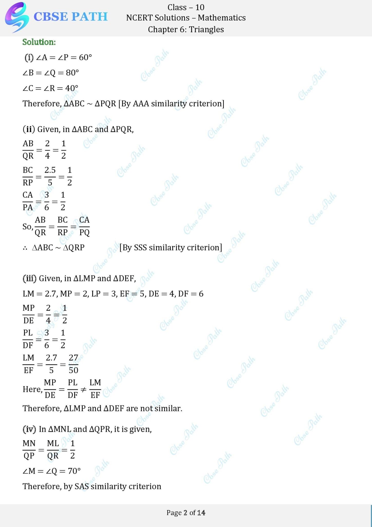 Ncert solutions for class 10 maths exercise 6 3 triangles 2024 25