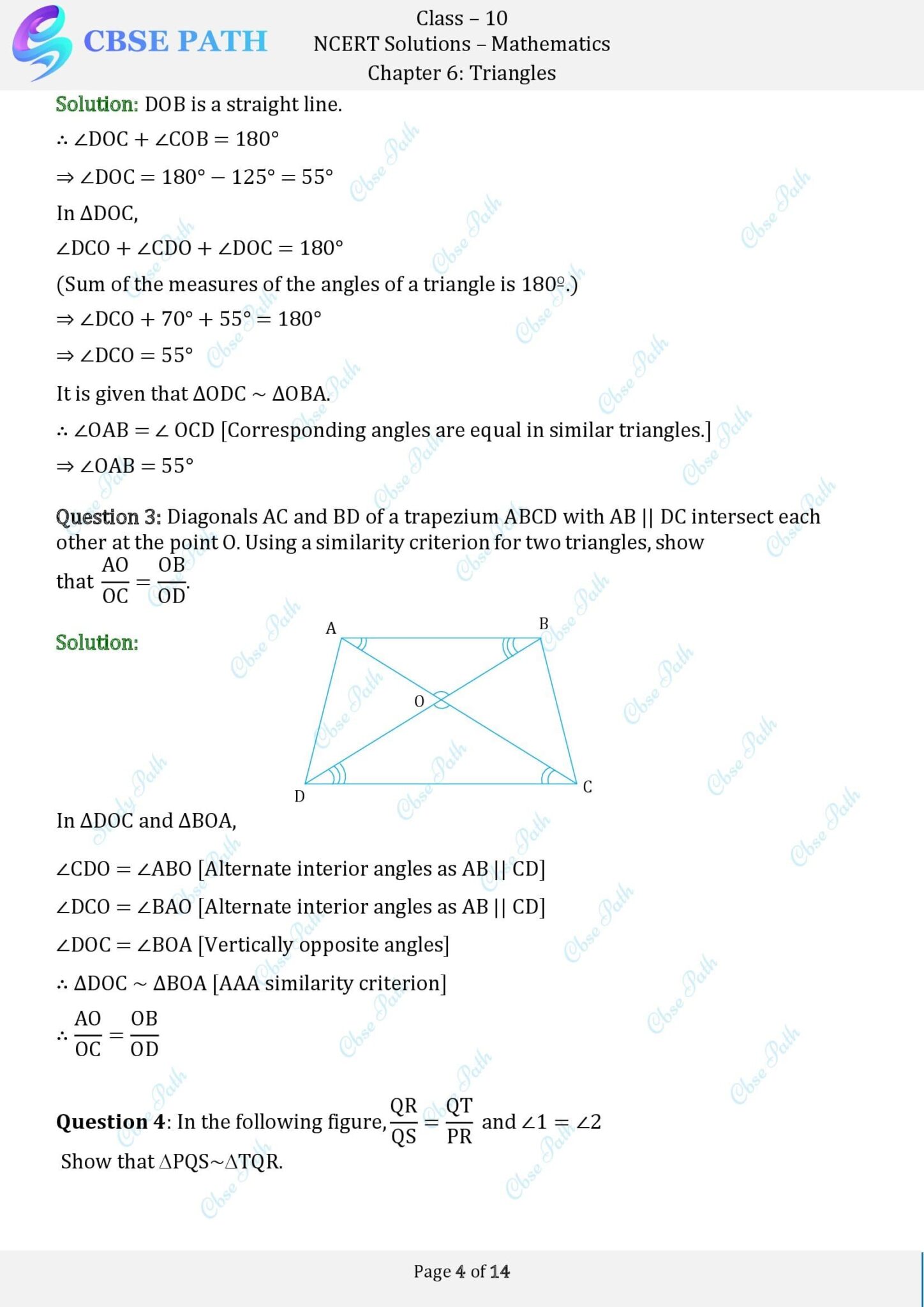 Ncert solutions for class 10 maths exercise 6 3 triangles 2024 25