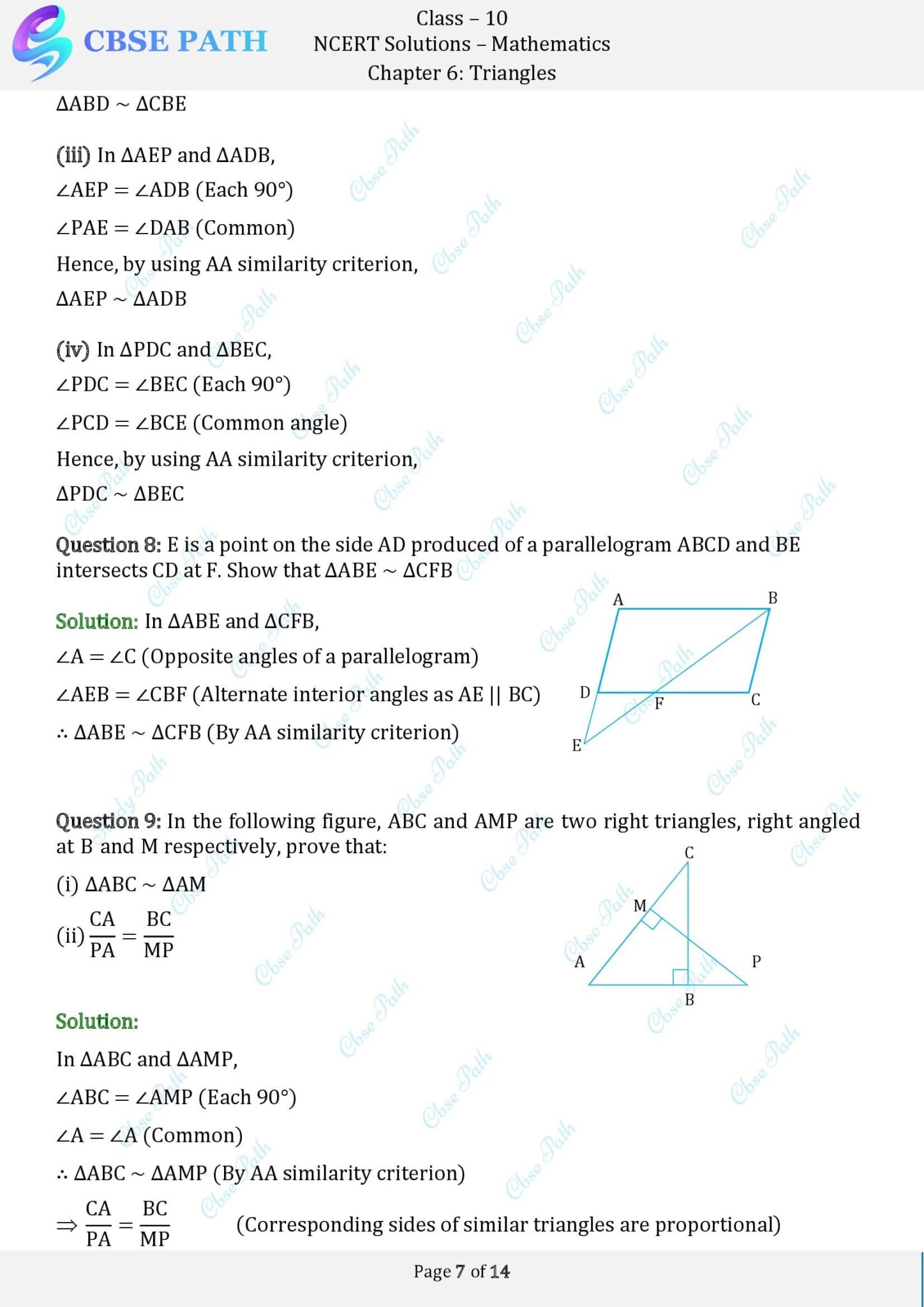 Ncert solutions for class 10 maths exercise 6 3 triangles 2024 25