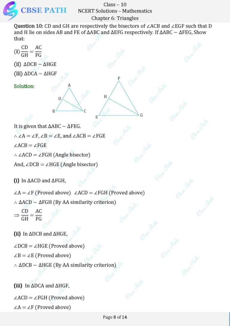 Ncert solutions for class 10 maths exercise 6 3 triangles 2024 25