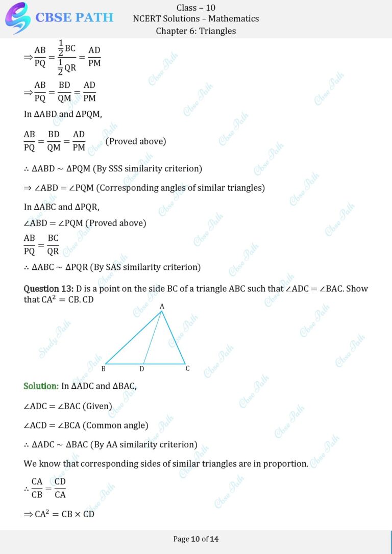 Ncert solutions for class 10 maths exercise 6 3 triangles 2024 25