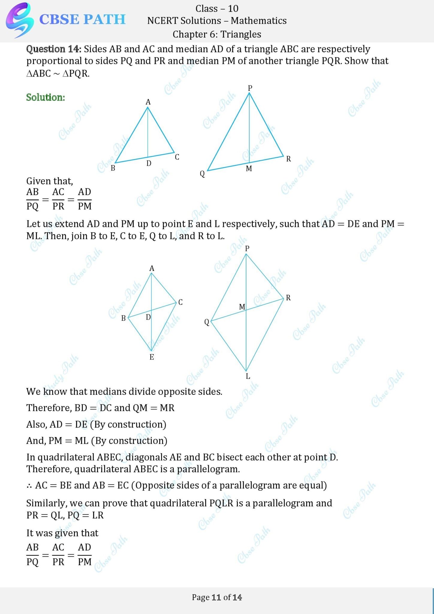 Ncert solutions for class 10 maths exercise 6 3 triangles 2024 25