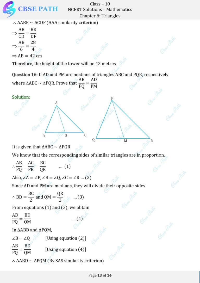 Ncert solutions for class 10 maths exercise 6 3 triangles 2024 25