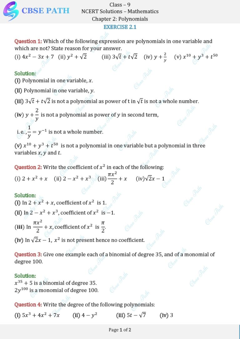 Ncert solutions for class 9 maths exercise 2 1 polynomials 2024 25