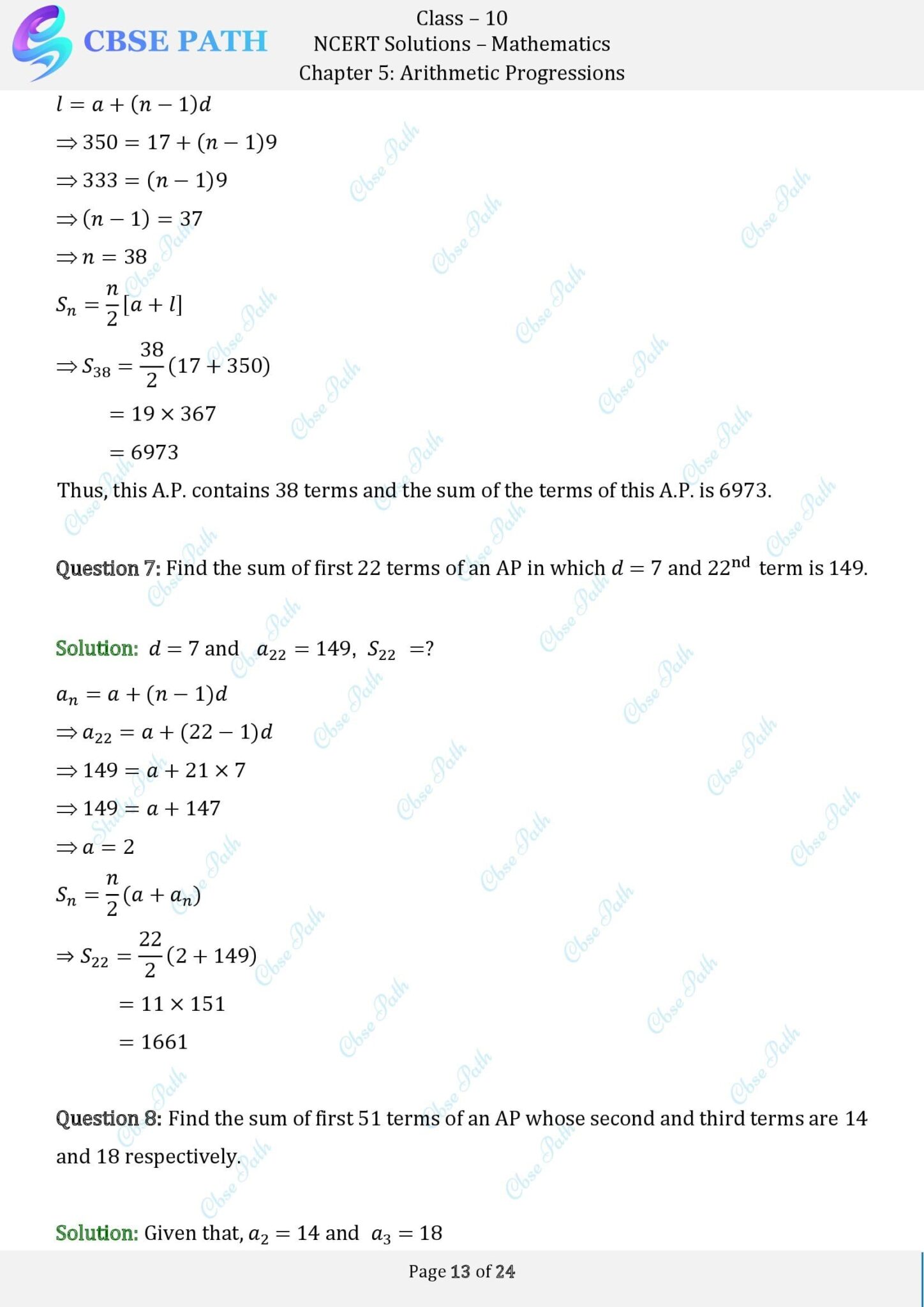 NCERT Solutions for Class 10 Maths Exercise 5.3 Arithmetic Progressions ...