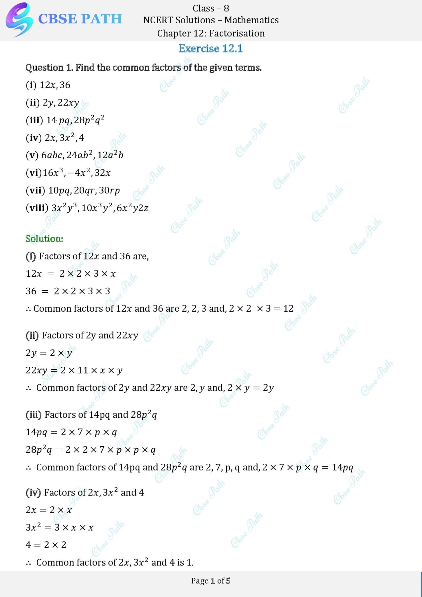 Ncert solutions for class 8 maths exercise 12 1 factorisation cbse path