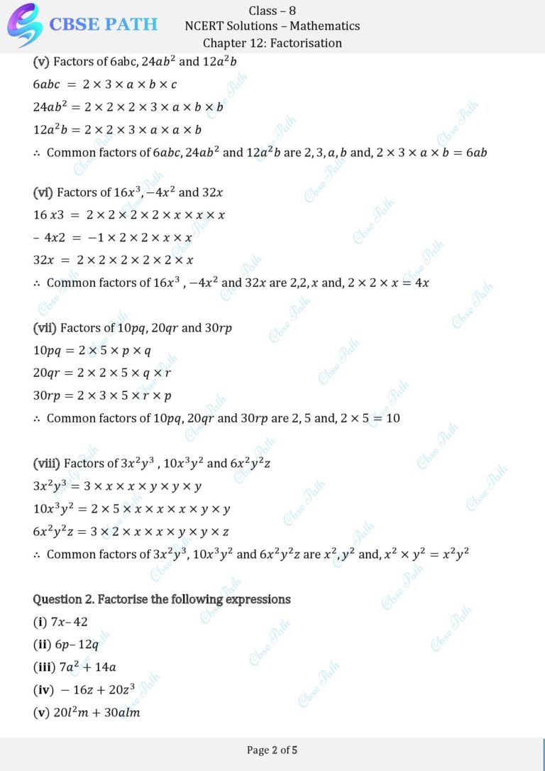 Ncert solutions for class 8 maths exercise 12 1 factorisation cbse path