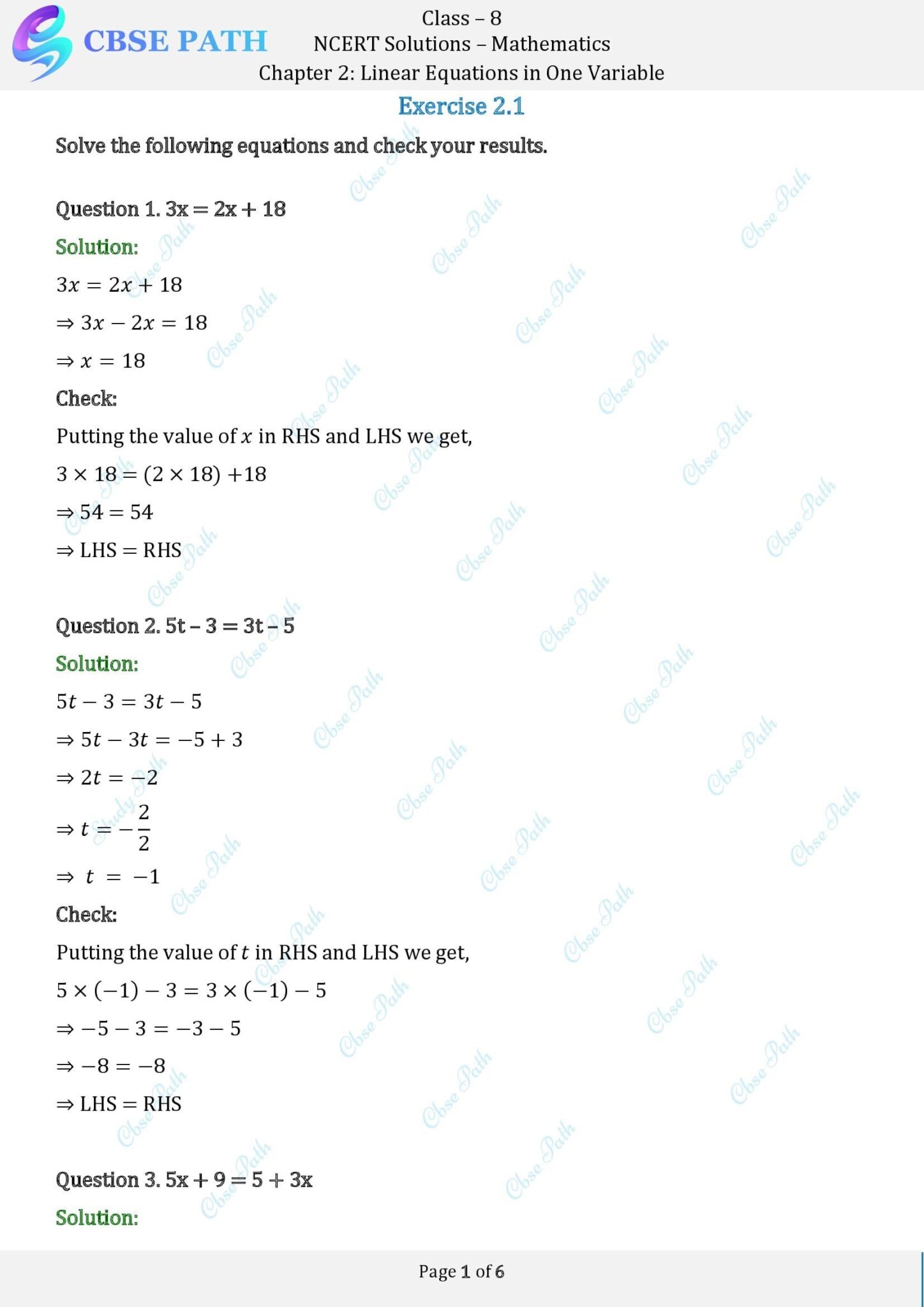 NCERT Solutions for Class 8 Maths Exercise 2.1 Linear Equations in One ...
