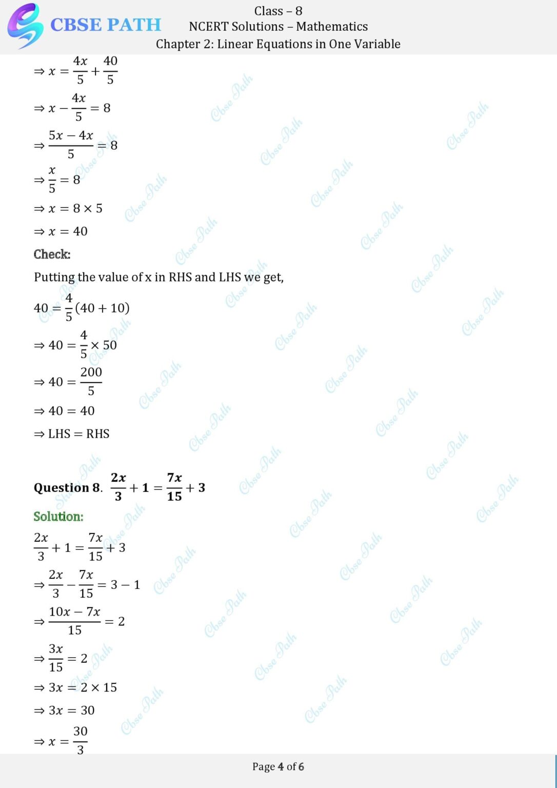 NCERT Solutions for Class 8 Maths Exercise 2.1 Linear Equations in One ...