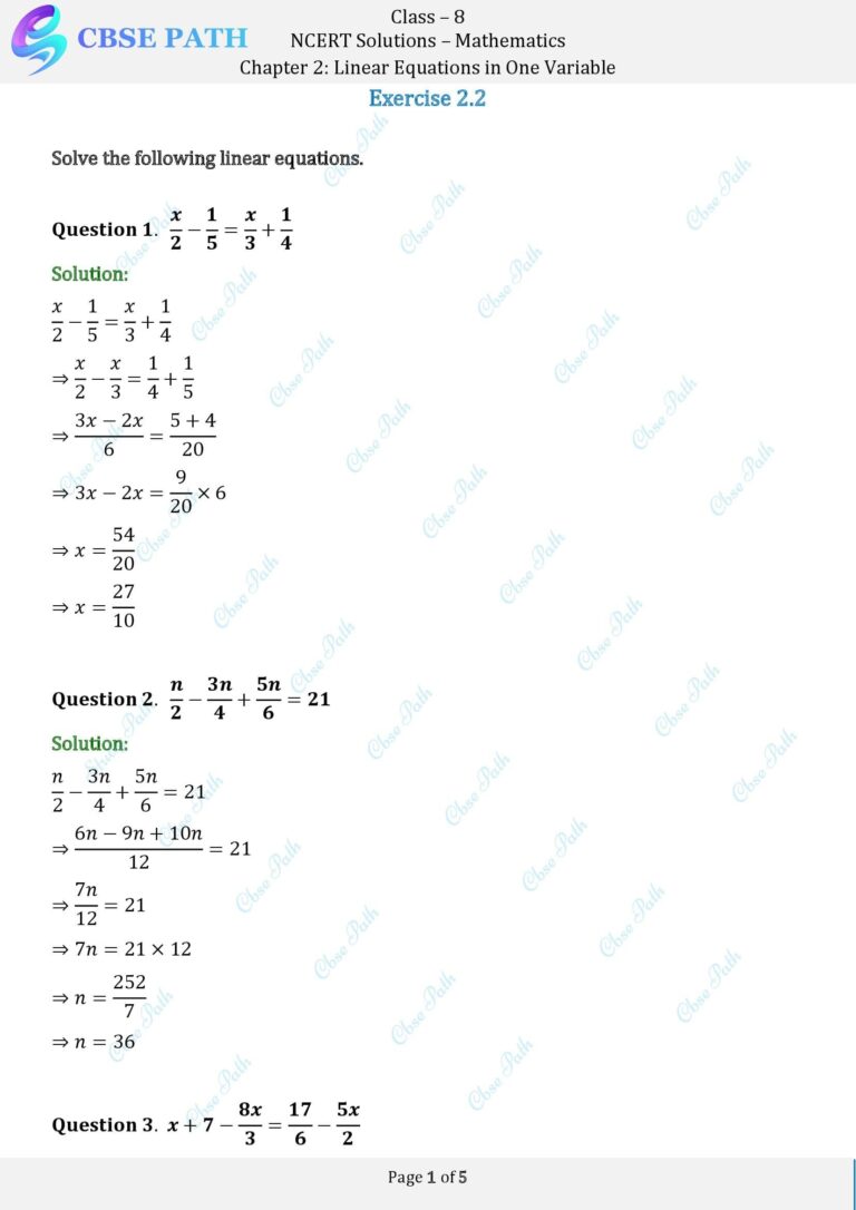 NCERT Solutions for Class 8 Maths Exercise 2.2 Linear Equations in One ...