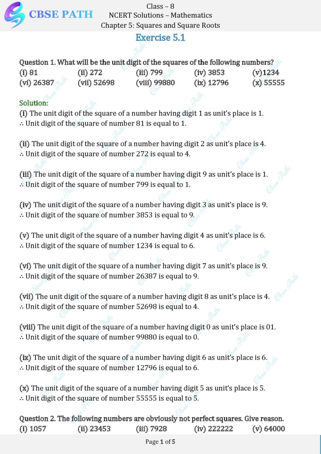 Ncert solutions for class 8 maths exercise 5 1 squares and square roots