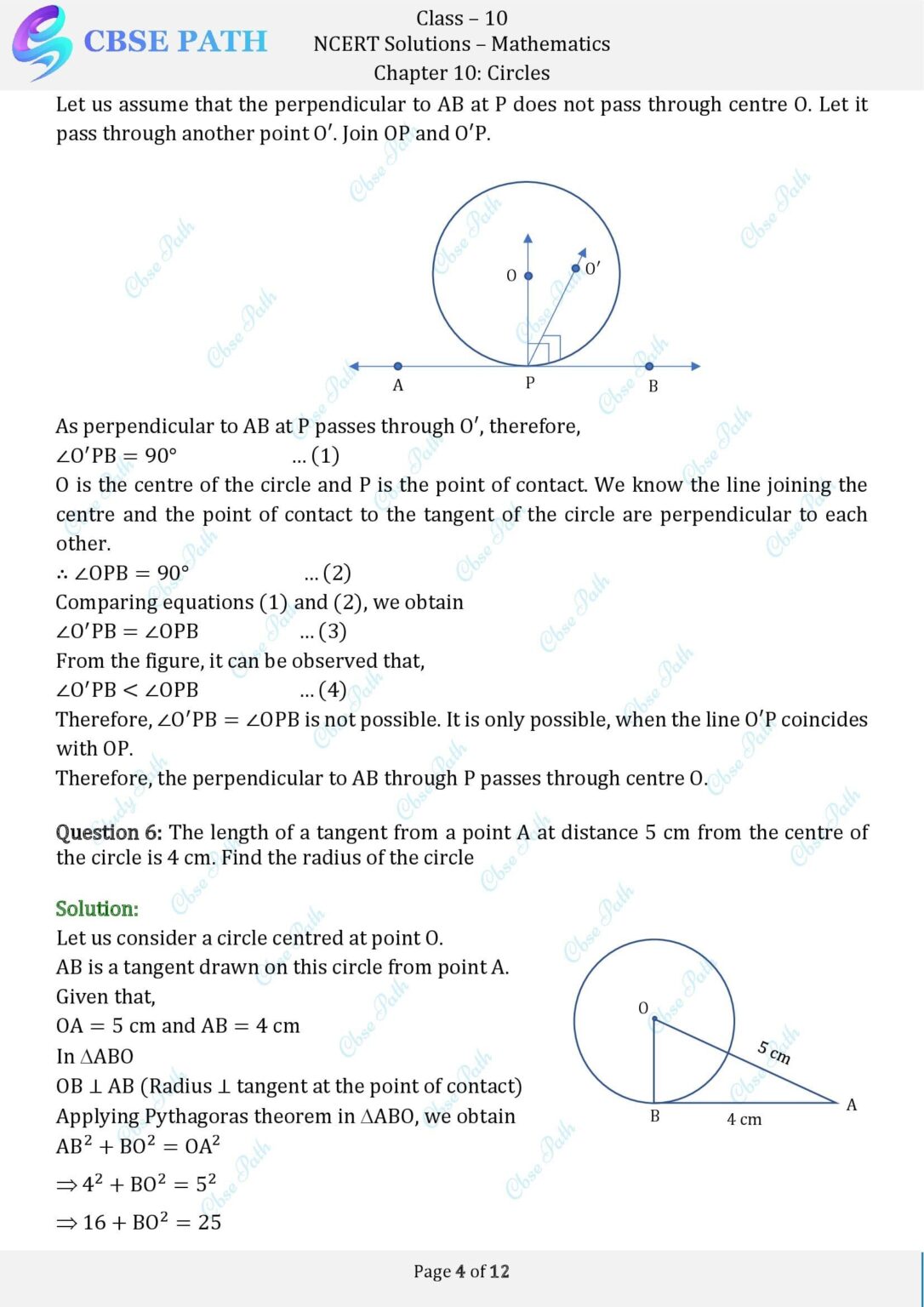 Ncert solutions for class 10 maths exercise 10 2 circles 2024 25