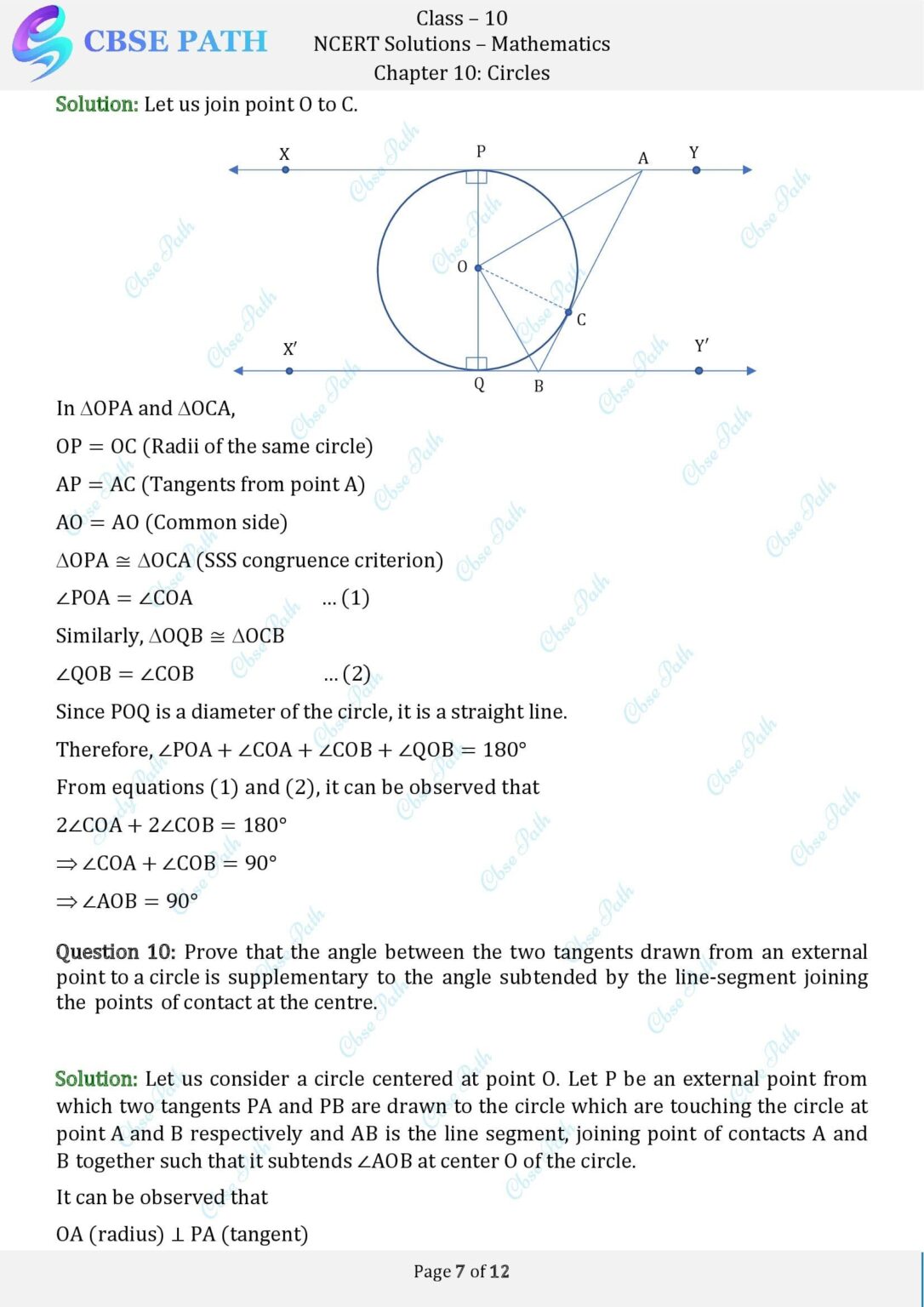 Ncert solutions for class 10 maths exercise 10 2 circles 2024 25